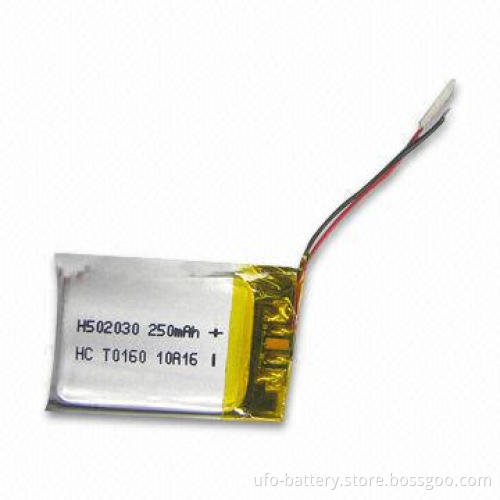 Rechargeable Li-Poly Battery with 2.75V End Voltage, 250mAh Typical Capacity, 3.7V Nominal Voltage